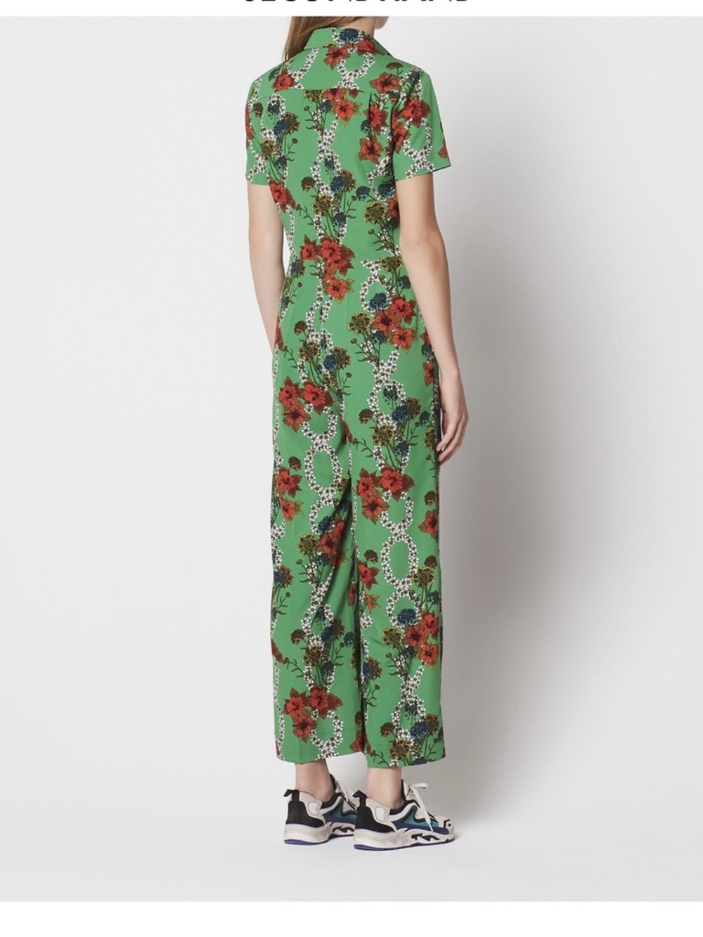 Sandro Green Floral Short-Sleeve Jumpsuit with Red Blooms - Picture 3 of 11